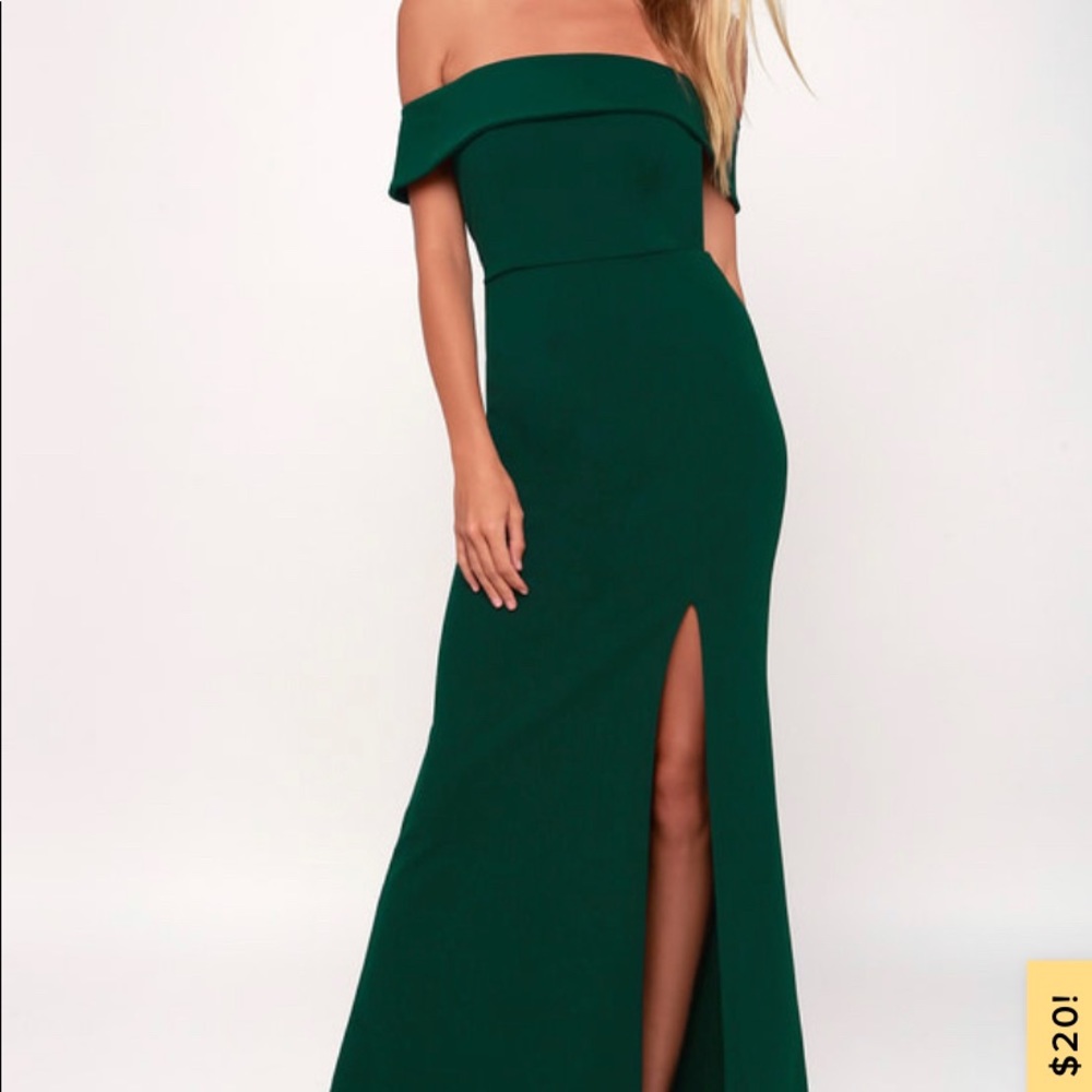 Lulu forest green off the shoulder maxi dress